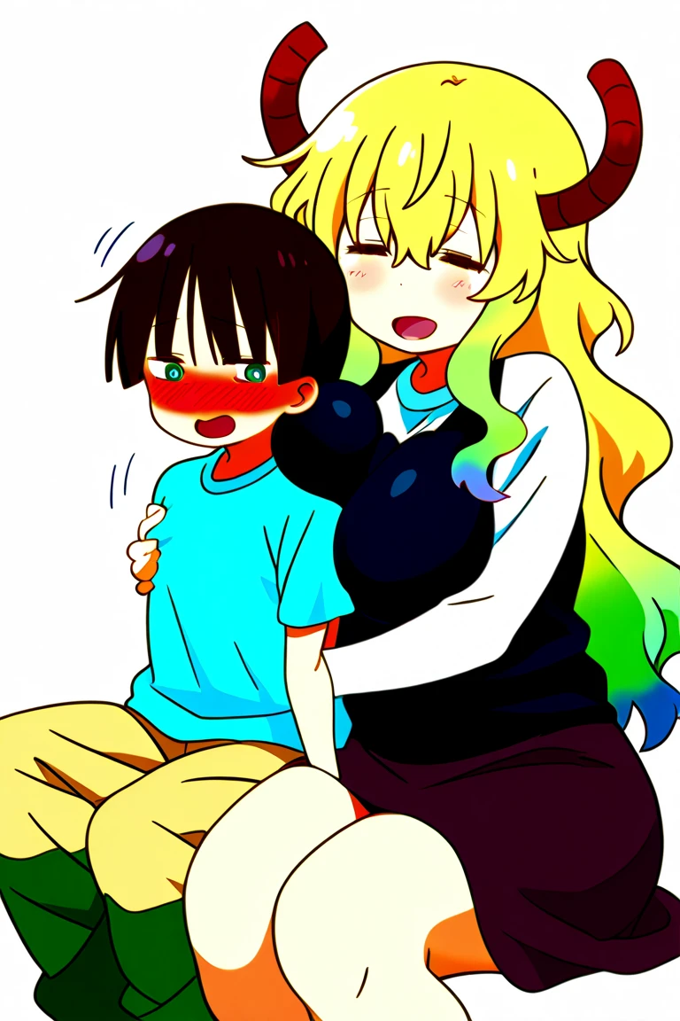 score_9, score_8_up, score_7_up, score_6_up, score_5_up, score_4_up, (source_anime), 2girls,Kobayashi-san Chi no Maid Dragon, (Riko Saikawa, horns, short hair, kid , small breasts, {sucking breasts}), (lucoa, long hair, massive breasts, Inverted nipples,), yuri, age difference, giant size difference, breast sucking, far, full body, breast milk, Horn
