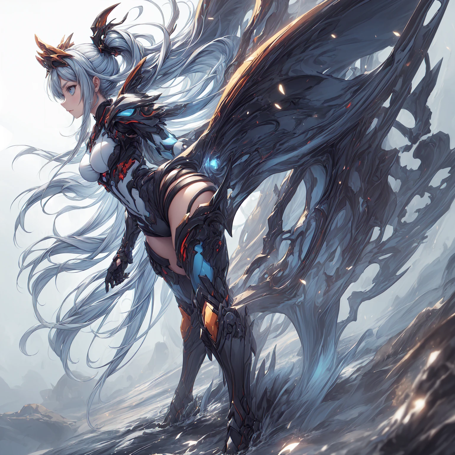 1 garota de perfil, hoshino (arquivo azul), Sozinho, heterochromia, cabelos brancos, white hair, cabelos longos, costeletas longas, saia azul, decote, , Ahoge, barriga a mostra, areola, olhos de cores diferentes, olxadrez, sitting looking up at the sky, aproveitar, Boca aberta, very Cabelo longo, collared Camisa, sorriso, franja, feet outside the frame, entre as pernas, hand back, corar, cabelo entre os olhos, high resolution,obra de arte, melhor qualidade, (((corpo inteiro, seios redondos, fit muscle body))), ao fundo um vasto campo aberto com flores