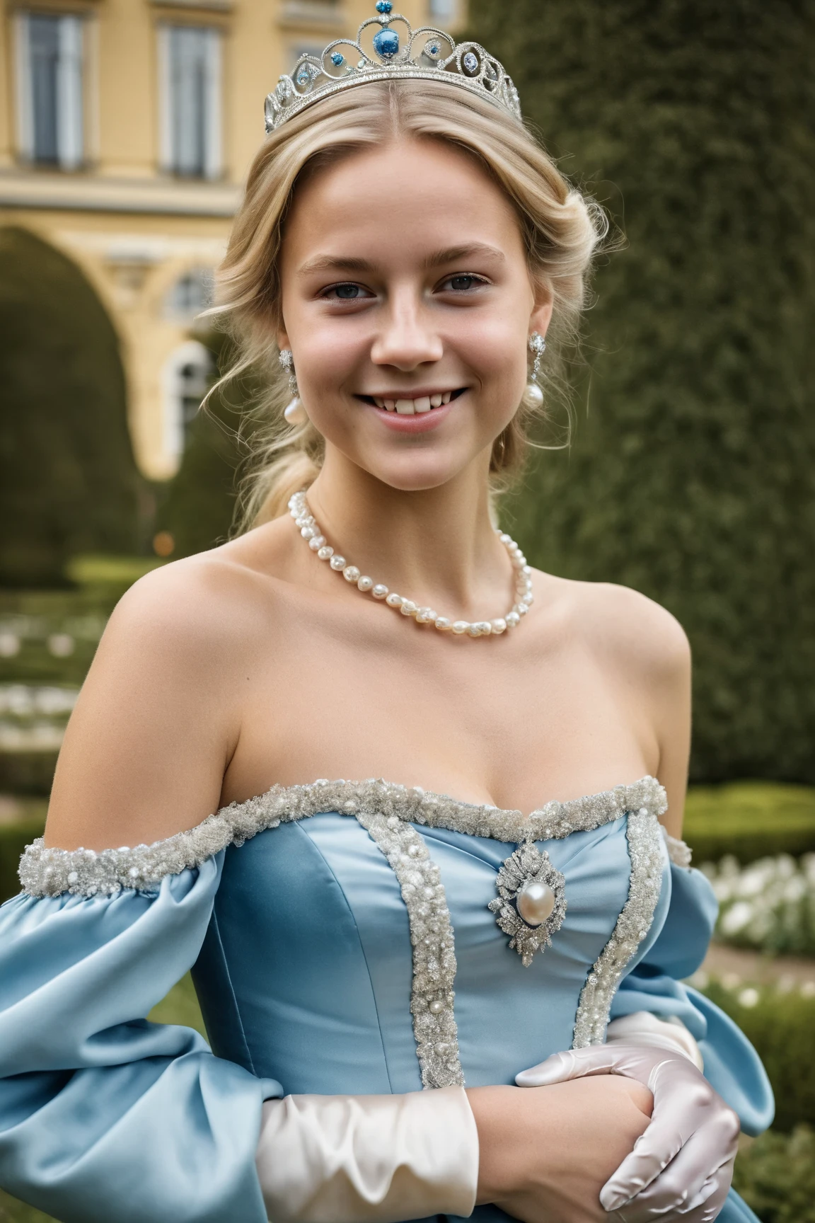 cinematic shot of a stunningly beautiful woman, in medieval peasant robe, pale skin, dark blonde hair, in a medieval paradise, close up, head shot, [smiling:0.1], candid, amateur, (raw, 8k, uhd, fujifilm xt3), <lora:aliciaAgneson:1>