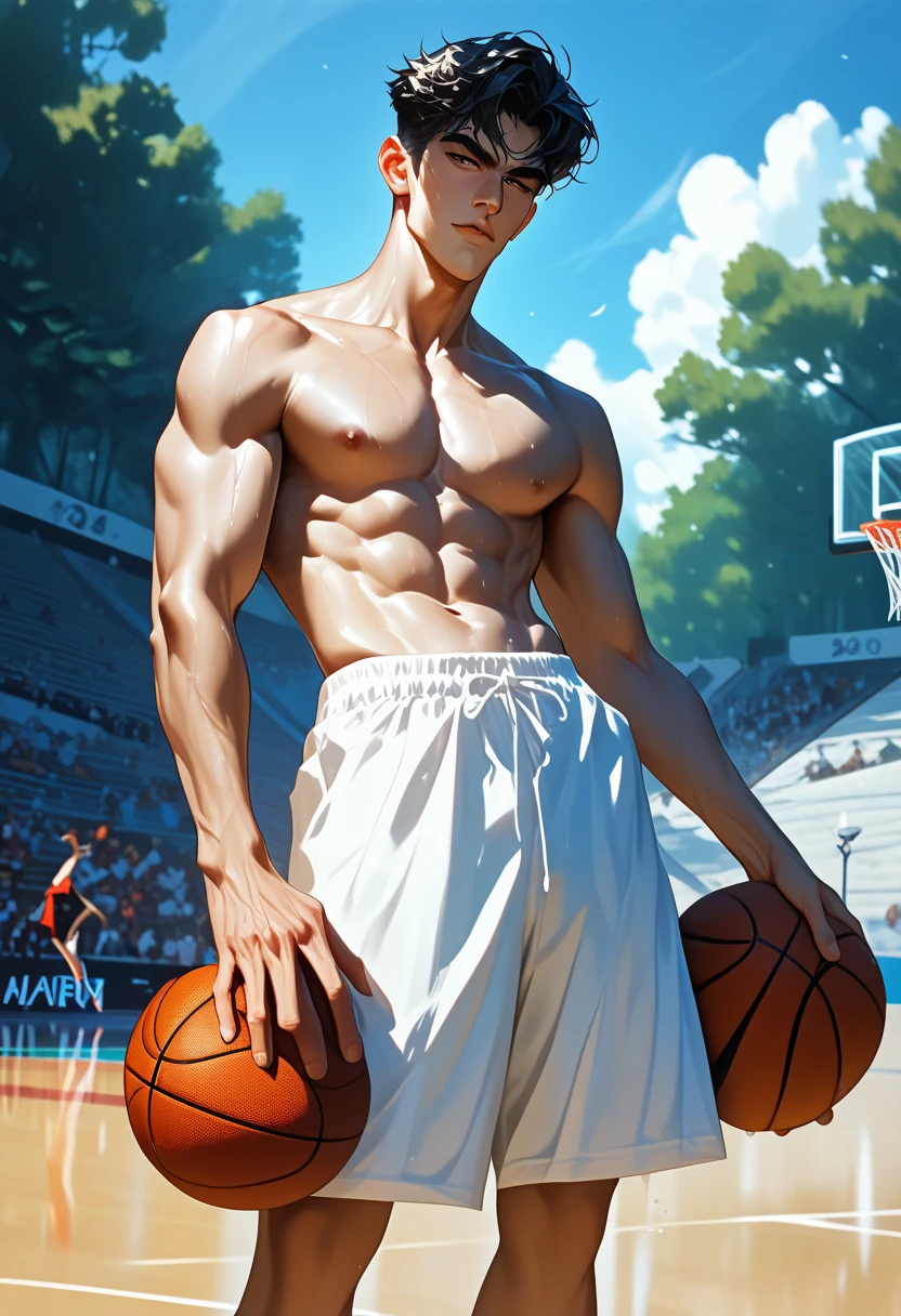 handsome guy, Sidharth Malhotra, Hairy chest, , Wears transparent glasses, beard, buzz clip, naked,Plump your pectoral muscles,Sexy and charming expression,Gloomy eyes,Basketball court outside, ((Slim, muscular)), photoactual, photo, masterpiece, actual, realism, photorealism, high contrast, photoactual digital art trending on Artstation 8k HD high definition detailed actual, detailed, Texture, hyper detailed, actual Texture, armature, best quality, 超high resolution, (photoactual:1.4),, high resolution, detailed, raw photo, Sharp Re, by lee jeffries nikon d850 film stock photograph 4 kodak portra 400 camera f1.6 lens rich colors hyper actual lifelike texture dramatic lighting unrealengine trending on artstation cinestill 800,
