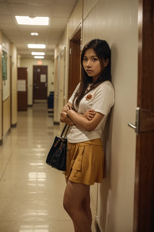 A teen girl with a Indonesia face, approximately 16 years old, is depicted in an classroom setting, cry face, scared face. She is wearing training pants. The girl can be seen in the process of peeing. (urination:1.5).