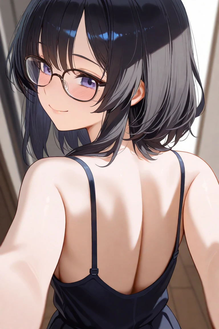 looking at viewer, 1girl, female, solo, (expressionless) , ny1, glasses, , ,(white bra,white panties),socks,standing,from behind
