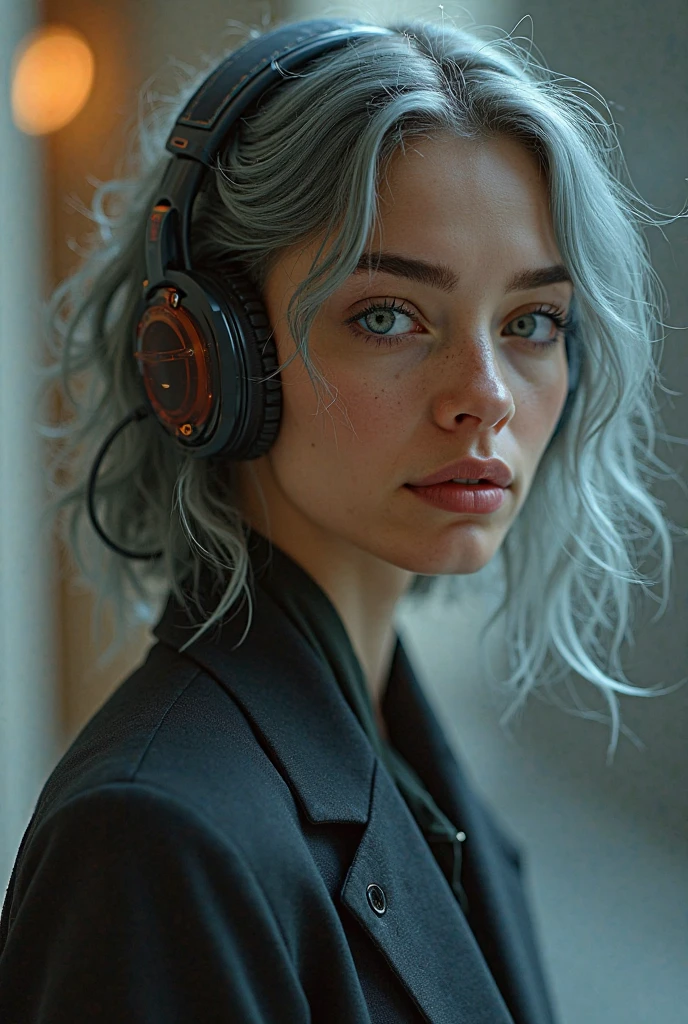 (Close-up, editorial photograph of a 21 year old woman), (highly detailed face:1.4) (smile:0.7) (background inside dark, moody, private study:1.3) POV, by lee jeffries, nikon d850, film stock photograph ,4 kodak portra 400 ,camera f1.6 lens ,rich colors, hyper realistic ,lifelike texture, dramatic lighting , cinestill 800, wavy hair, messy hair, curls, 80s hairstyle, Mischievous smirk, Blue hair, Blue Eyes, freckles, White Skin, Sci Fi, Spaceship, Cyberpunk, Futurism, Military Uniform, Technocratic Union, Astral Plane, European expressions, European woman, European skin