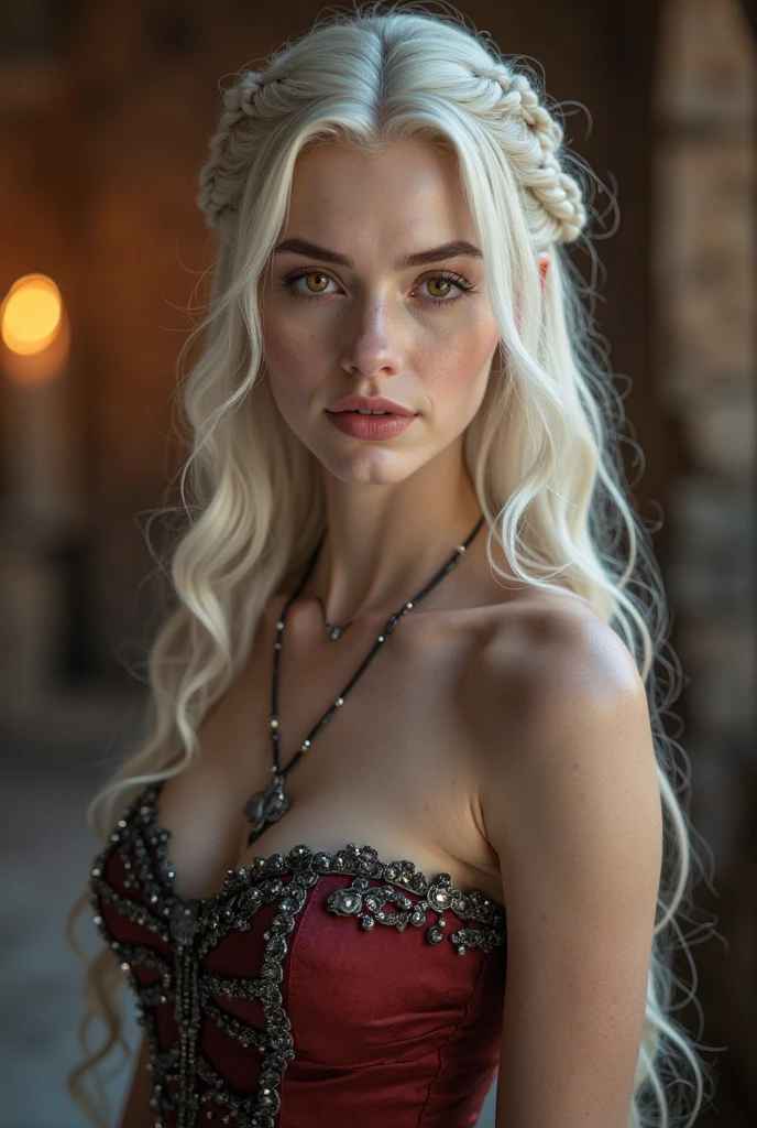 (Best Quality, Ultra details, photorrealistic: 1.39), Face of 29 year old naughty ager., beautiful woman, (saccharine), pale white skin, red cheek, blush, bright and vibrant colors, studio lighting, romantic expression, Perfect big breasts, Shoulder straps, plunging neckline, During, (black dress), luxurious dress, clavicle, collar, luxurious, (beautiful round breasts:1.2), (thigh view), hair blowing in the wind, brightly colored, dynamic lighting, ((detailed face)), Long silver hair, fringes laterais, fringe, wavy fur, (wire braids), hair clips, hair over eyes, blue eyes, attractive eyes, bright lips, pose sexy, beautiful roses, smiling with confidence and seduction, posing for a professional photo shoot, shallow depth of field, soft natural lighting, creating a dreamy and magical atmosphere, vampire, Gothic, in bed, dark castle