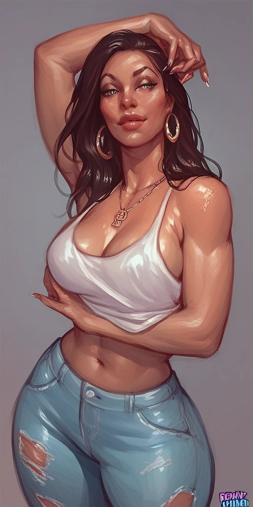 score_9, score_8_up, score_7_up, enthusiastic girl, wearing short croptop showing underboob and hotpants, round huge_breasts, modeling, abs physique,playfully (mischievous:1.4),