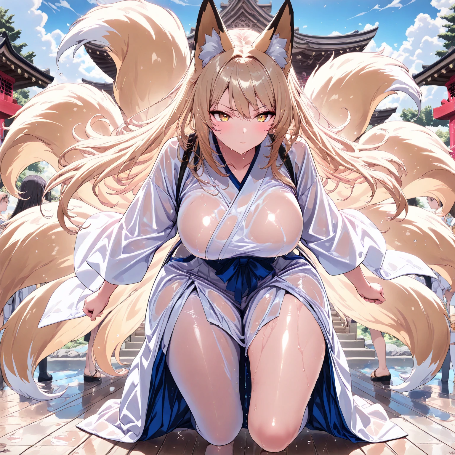 (masterpiece),(best quality),(ultra detailed),(illustration),(an extremely delicate and beautiful),(anime colored),woman is fox girl,monster girl,(giganticboobs:1.3),curvy,(shiny hair),very long hair,(flipped hair),sidelocks,(crossed bangs),(blonde hair),fox eyes,(((((((nine fox tails))))))),(((Japanese circlet))),(red eyes),(shiny skin),(((japanese kikono))),(cleavage cutout),off shoulder,thigh,legs
