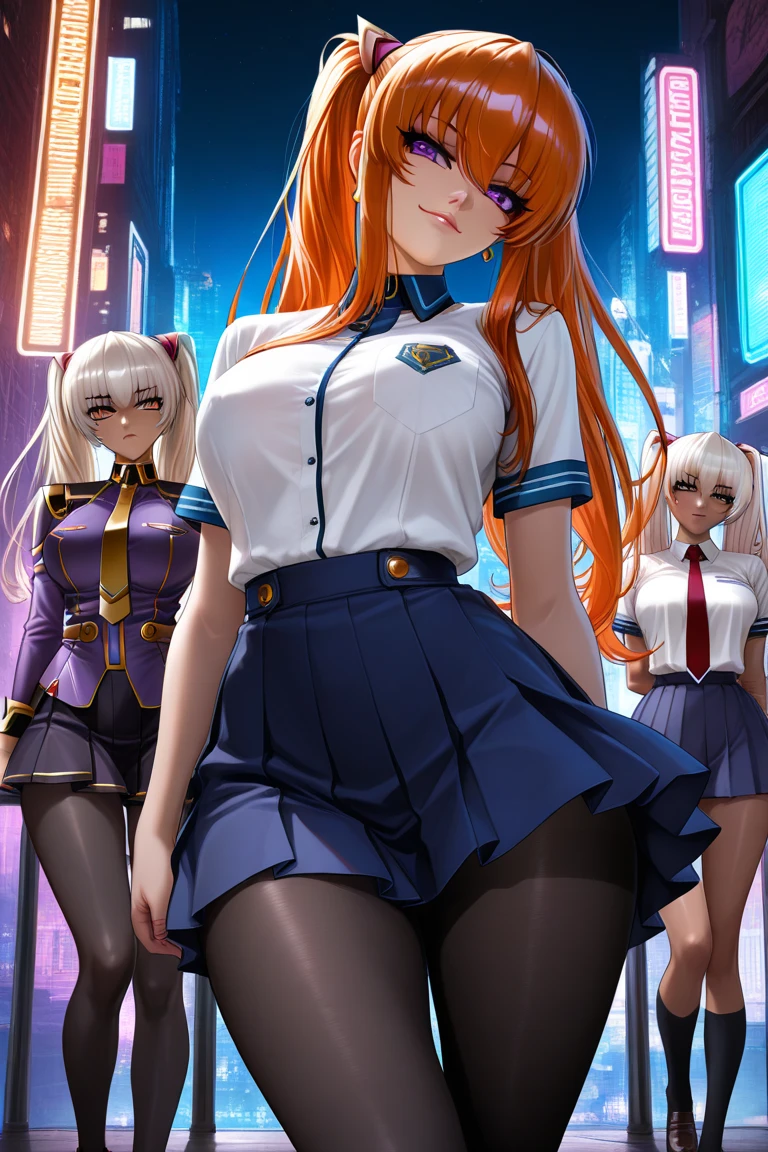(masterpiece:1.2),(Highest quality),(Very detailed),(High resolution),8k,wallpaper, semi-realistic, anime realistic, long hair, make up, (Perfect Eyes), Earrings , Long eyelashes , compensate , Maya Cordelia, long hair, orange hair, violet eyes, outdoors, head tilt, night, cityscape, neon nights, cowboy shot, cyberpunk city, school uniform, white shirt, nectie, blue skirt, black pantyhose, loafers, seductive smile, BREAK, 2 girls, Kila Kushan, dark-skinned female, long hair, white hair, twintails,