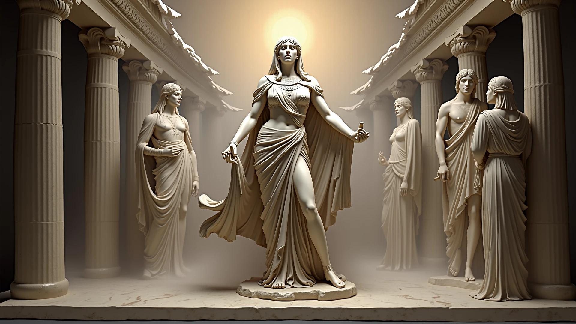 Ancient Greek sculpture、Historical Art、Statue of a young and beautiful ancient Greek goddess in ancient Greek clothing、whole body、Marble statue、Antique、Ruins of ancient Greece、a heavy atmosphere、Traditional atmosphere、Healthy Painting:1.5、(Highest quality,Extremely detailed depiction,High resolution,Anatomically accurate depiction)