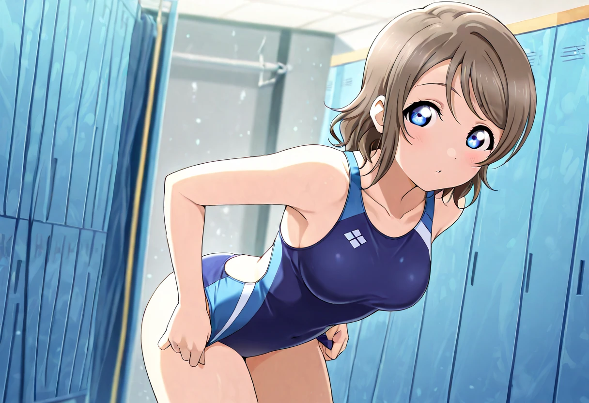 solo, 1girl, , hazuki katou,.,looking viewer ,grin,medium breasts,locker room,race swimsuit,leotard,ass,from back,nsfw