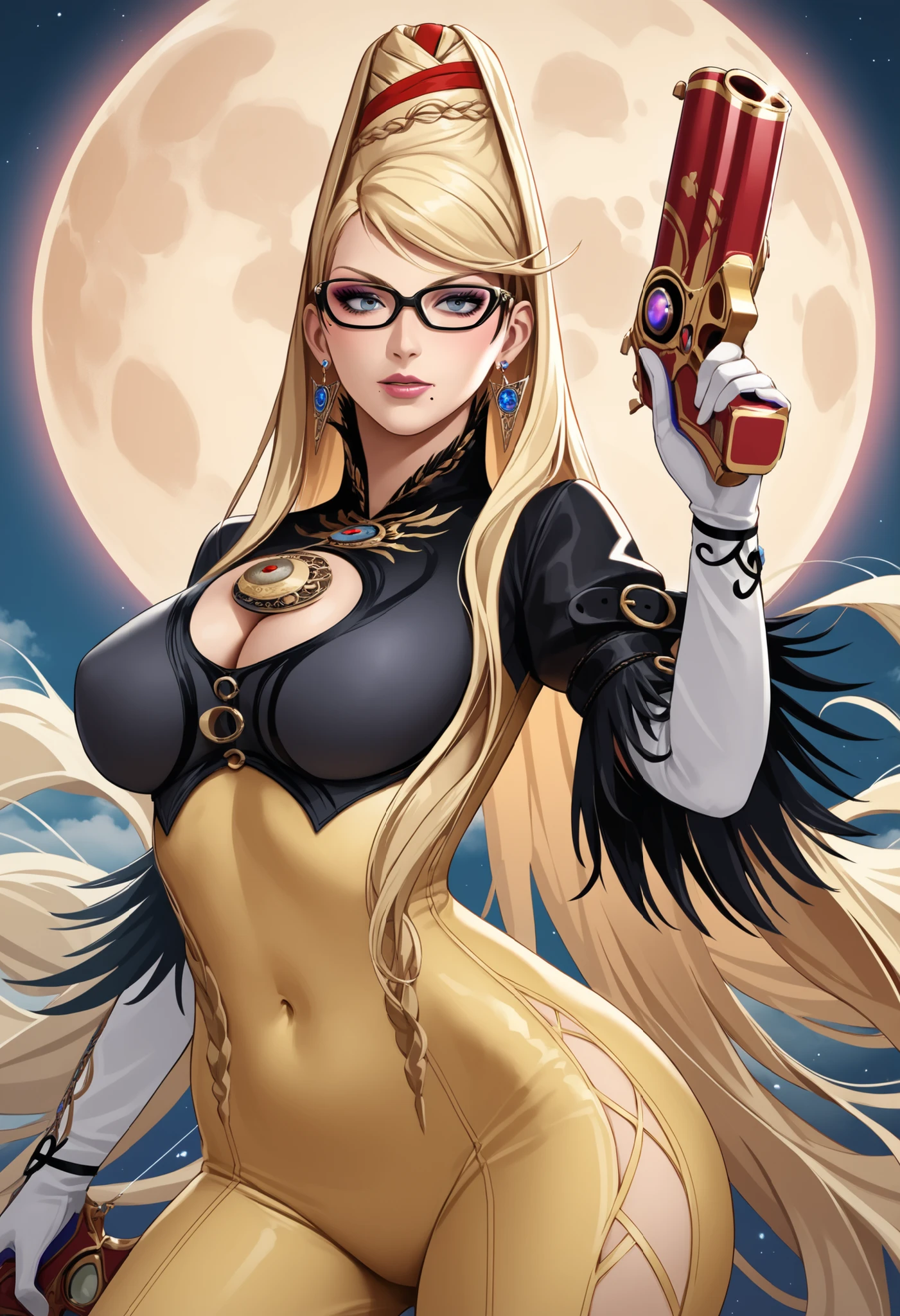 PonyXLV6_Scores,source_anime,masterpiece,best quality, highly detailed,cinematic,unity 8k wallpaper, amazing quality, masterpiece, best quality, UHD, perfect anatomy,BREAK
cereza,1girl, bayonetta, solo, mole under mouth, glasses, mole, weapon, gun, blonde hair, yellow bodysuit, long hair, jewelry, breasts, earrings, gloves, holding, blue eyes, handgun, ribbon, makeup, large breasts, moon, cleavage cutout,cowboy shot,
