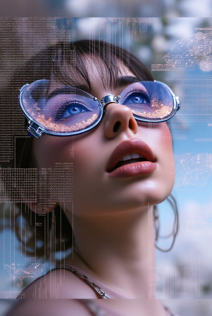 The model is wearing glass sunglasses with stars and the moon on the glass