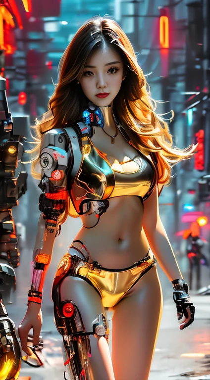 Photorealistic 8k,, Young woman with long, flowing hair,Old rust orange special forces unit" cyber robot bikinimachanic (Show a flat stomach)((Focus on brightness, clear, smooth face.))neon light reflection, Realistic light hits from the front.,