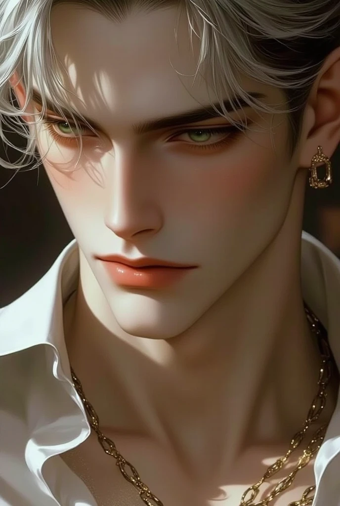 ((Best Quality)), ((obra-prima)), (detalhado), a portrait of a handsome young man with a perfectly balanced face and athletic physique. Her facial features are well defined, with prominent cheekbones,  a tapered jaw , e pele lisa. Her eyes are a striking green, adding a hypnotic and intense look and a hint of mystery and depth, giving her a confident air,  intriguing expression The background is softly blurred , keeping the focus on your distinct features and giving the scene a warm tone, natural shine.   His body is lean and muscular  , resembling a  " tasty skinny guy "  with defined abs visible and toned muscles . Seu cabelo,  a soft shade of silver ,   falls over your shoulders in soft waves  ,   with a light sheen that frames your perfectly sculpted face  ,  adding a touch of supernatural beauty .
