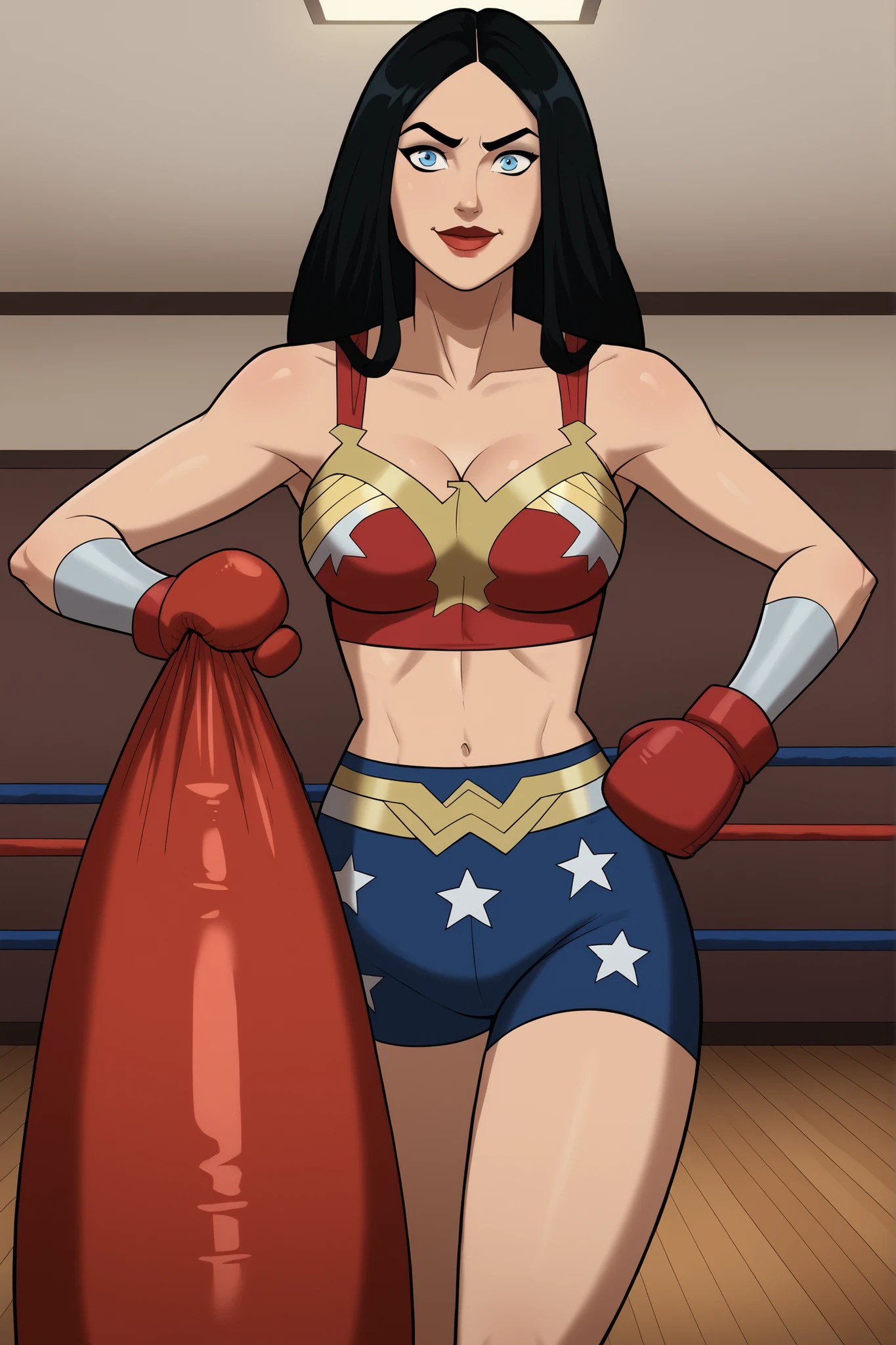 safe_pos, score_9, score_8_up, score_7_up, score_6_up, BREAK, solo, 1girl, wonderwoman, long hair, black hair, blue eyes, large breasts, cleavage, curvy, athletic, smile, closed mouth, happy expression, looking at viewer, wide hips, lipstick, makeup, standing, hands on hips, red racerback sports bra, blue spandex shorts, red boxing gloves, indoors, gym, punching bag, star print