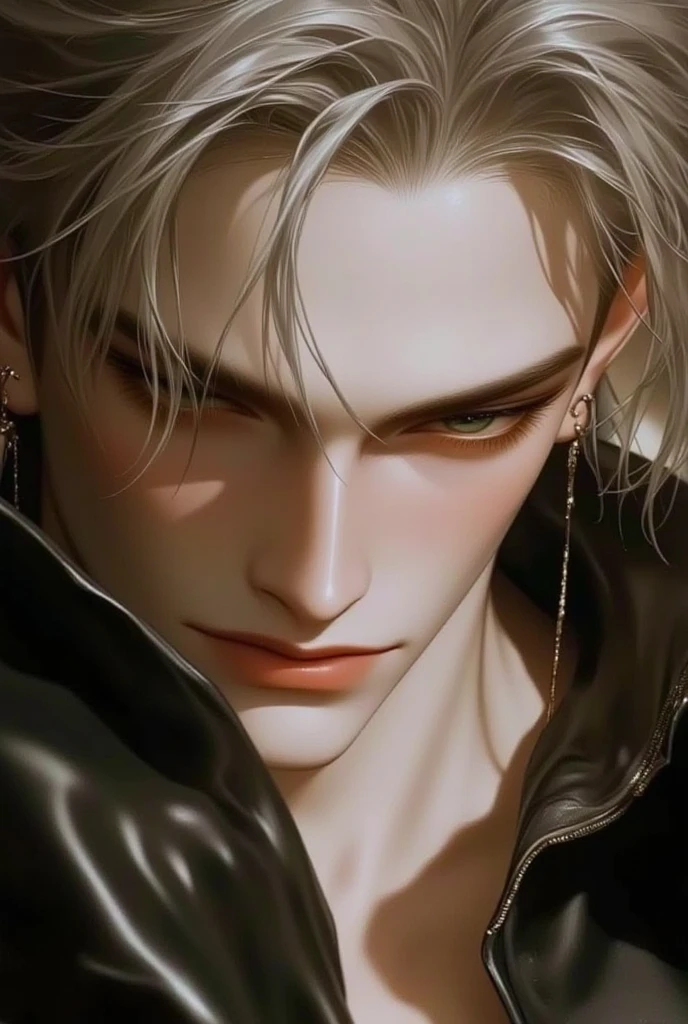 ((Best Quality)), ((obra-prima)), (detalhado), a portrait of a handsome young man with a perfectly balanced face and athletic physique. Her facial features are well defined, with prominent cheekbones,  a tapered jaw , e pele lisa. Her eyes are a striking green, adding a hypnotic and intense look and a hint of mystery and depth, giving her a confident air,  intriguing expression The background is softly blurred , keeping the focus on your distinct features and giving the scene a warm tone, natural shine.   His body is lean and muscular  , resembling a  " tasty skinny guy "  with defined abs visible and toned muscles . Seu cabelo,  a soft shade of silver ,   falls over your shoulders in soft waves  ,   with a light sheen that frames your perfectly sculpted face  ,  adding a touch of supernatural beauty .