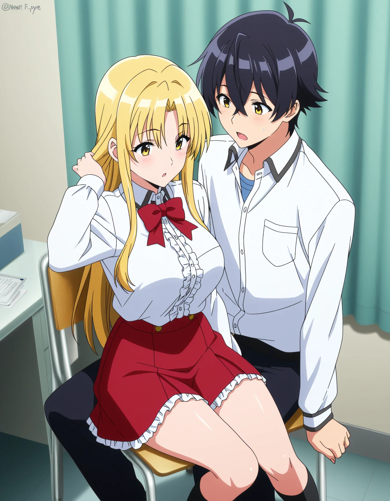 A woman and a high school boy、Male and female lovers、Shizuka Marikawa、he's wearing a school uniform、He has short black hair、She sits on a chair 、She and he are talking、she has long blond hair、she has yellow eyes、she's wearing a white coat、she wears a red skirt、she wears a long-sleeved white shirt、Her shirt has frills and a red bow、She wears black socks on her bare feet、schools、infirmary、anime
