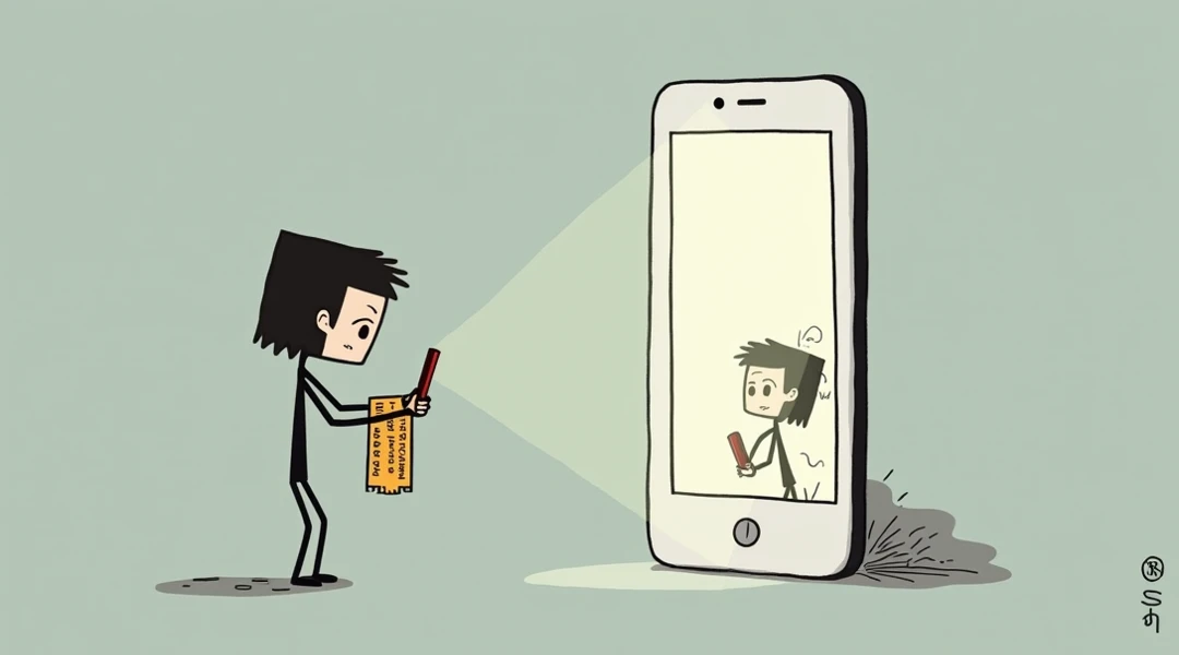 Stick figure man with movie ticket, looking at phone, girl onscreen shaking head