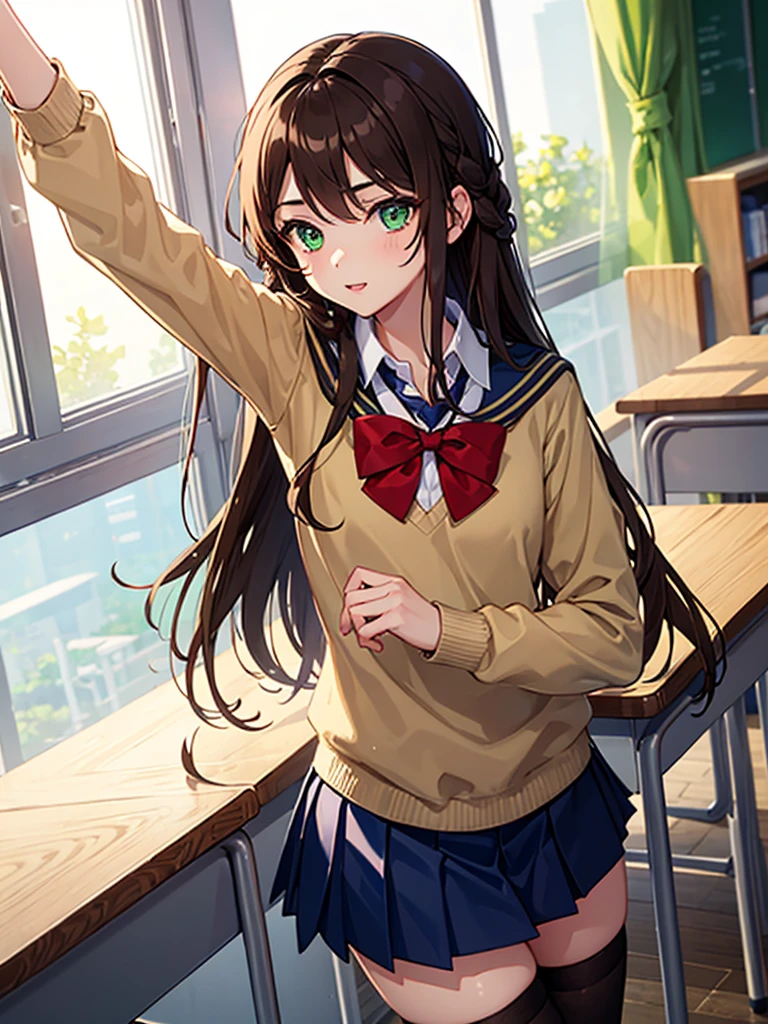 (((solo))),(((One girl))),beautiful、An illustration、Highly detailed skin、masterpiece、Highest quality、Highly detailed face、Bright colors、Depth of written boundary、Cinematic lighting、、One girl、solo、Brown eyes、Brown Hair、hair ornaments、Long Hair、Green plaid skirt、White shirt、Yellow sweater vest、masterpieceHighest quality高解像度、Anna Tanaka、Long Hair、Sit with your knees bent、8 heads、Beautiful feet、at school、As if looking up from below、Embarrassing、nsfw、White panties、Cameltoe