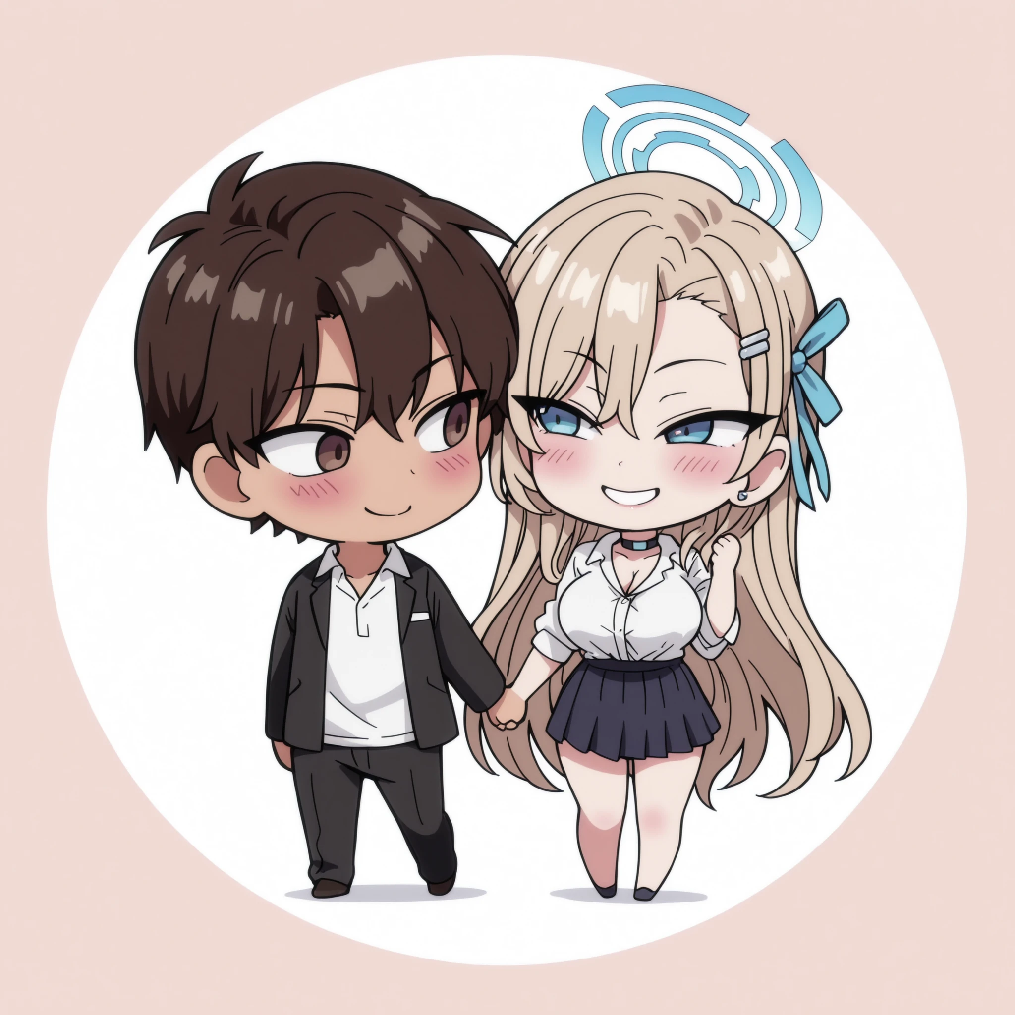 1 boy and 1 girl, 1 boy, straight, brown eyes, couple, dark haired boy, wavy brown hair, 1 girl, Asuna ( Bluer Archive ), A girl, solo, blonde hair, short hair, braided hair, blue eyes, hairl clip, cute, holding hands, happy, blushing, high quality, masterpiece, Very detailed, high quality, high resolution,  beautiful, beautiful and perfect face, Lustful smile, View your audience, casual outfits , Big Breasts, Chibi style, full body, sexy, blush, Chibi character, standing, Chibi, sensual pose