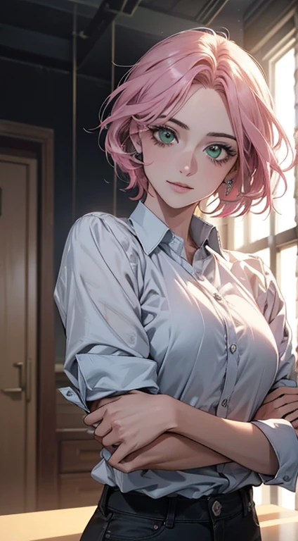masterpiece, Highest quality, (Unreal Engine), reality, Super Resolution, Very detailed, Complex, colorful, Clear images, Sharp focus, Digital Blending,
One Woman, Haruno sakura, short hair, bangs, (Green Eyes:1.5), Pink Hair, hair band, Facial blemishes, (Forehead mark:1.2), red hair band, (swept bangs:1.5), Puffy nipples, Perfect Eyes, Perfect Face, Ultra detailed hair, Ultra detailed face, Very detailed lips, Vivid expression, Healthy Body, Beautifully detailed sweat glands, Smooth skin texture, Carefully drawn,
((humidity:1.2), Sticky with sweat), (Wear a tight business suit, Bold sexy pose),
indoor, Like an office lady working in the city, (Shot on Sony α9, Dynamic Angle), Browsing Caution,