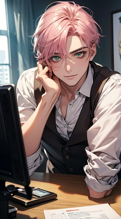 (highest quality,4k,8k,high resolution,obra-prima:1.2),theme super detailed,(realista,photorealist,photo-realistic:1.37),1 pessoa,31 anos,Mature men,pele bonita、very pretty, Passionate expressionless smile, short pink hair ,green eyes, sharp eyes , A perfect face without a doubt ,businessperson,office background,Cinema Lighting,Imagem HDR,gravata、