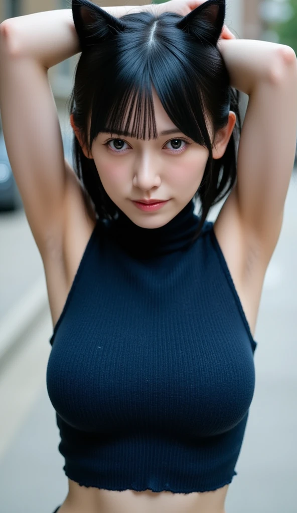 Hinata from Naruto Shippuden, UHD Hinata, UHD Hinata Byakugan eyes, Sleeveless top, Arms up in the air, UHD armpit details, UHD Face details, UHD underarms, Leaf village, big breasts