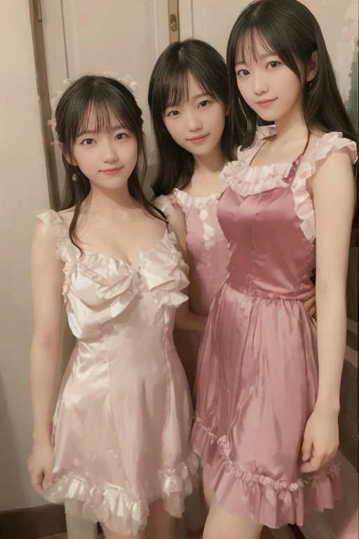 A close-up photo of two Japanese high-school girls, Hair tied up, Bangs down, (Double eyelids), looking at the viewer, Sitting in the office, (All smiling), Highest Resolution, masterpiece, (All wearing long-sleeve turtle-neck sheer lacy bridesmaid dress), ((All lifting up dress, and exposing bare crotch)), All wearing earrings