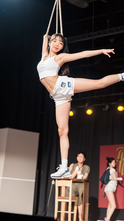 (8x_NMKD-Superscale_150000_G, 8k, best quality, high resolution, masterpiece), ((from below)), (((sStanding posture, leg up))), ((1 girl, 18 years old)), (Cheergirl, flat chest, Frilled panties)