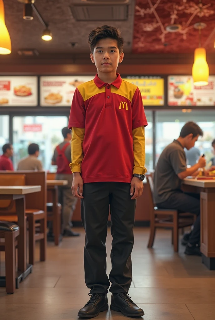 (Fast Food Worker), In the children's play area of a fast food restaurant, a male employee wearing branded doll clothing is playing and interacting with children. His expression is full of humor and vitality, attracting the children's attention. The background is a cheerful play area full of children's elements, full body, (Photography), panoramic view, award-winning, cinematic still, emotional, vignette, dynamic, vivid, (masterpiece, best quality, Professional, perfect composition, very aesthetic, absurdres, ultra-detailed, intricate details:1.3)