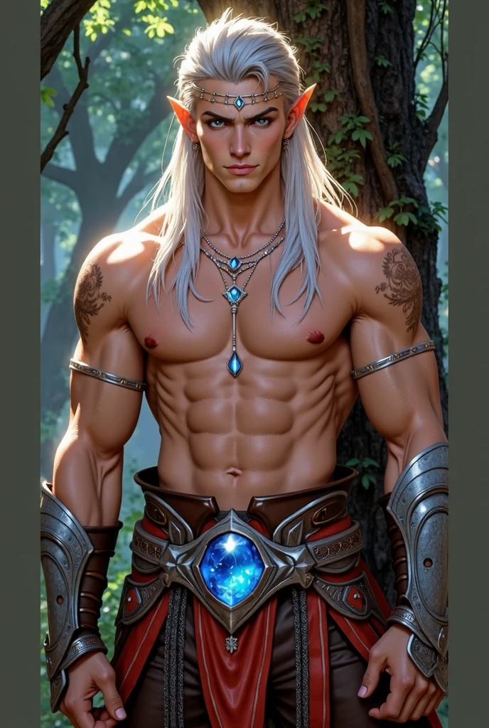 8k, sophisticated, elegant, highly detailed, majestic, digital photography, surreal painting, magic, magic, fairy tale, (Masterpiece, side light), hdr, (Bright blue eyes), Naked upper body, (shiny tattoo), Handsome adult man, long beautiful straight platinum hair below the shoulders, athletic body, beautiful proportioned male figure, tanned skin, Handsome, in front of the camera - just a masterpiece. realistic. a full-length image. Long hair below the shoulders. grey clothes. He holds a large silver sword in his hands. a well-proportioned male body