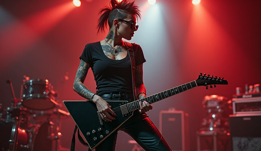 Punk girl, corpo inteiro, em pé, usando top tank preto, calça legging preta, coturno militar preto, playing bass guitar with energy em show de rock'n'roll