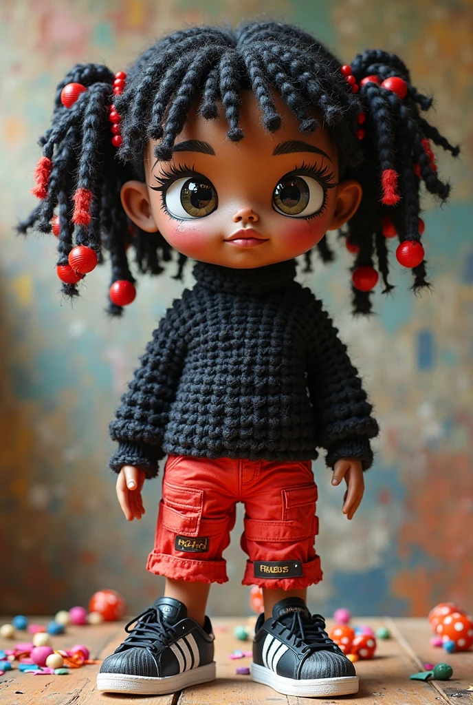 I want a 12 year old child who has red and black clothes red on the left and black on the right side of the clothes and has black hair and black white on the left side of the hair and white on the right side and is brown skinned