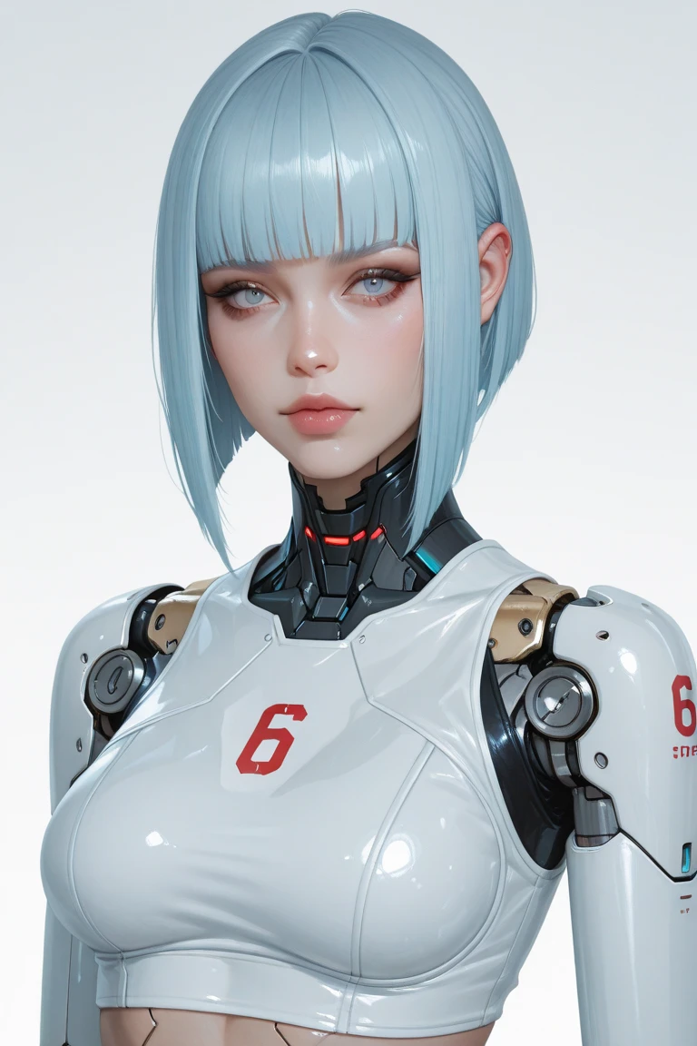  Ultra HD，Two-dimensional 3D style，cyberpunk mecha style female swordsman，tight full-package combat suit，Exaggerated waist-to-hip ratio， European and American faces，, slender ，Half-length portrait， charming expression ，Closer up the camera，slightly sci-fi prosthetic，Fully Armed，huge oppai