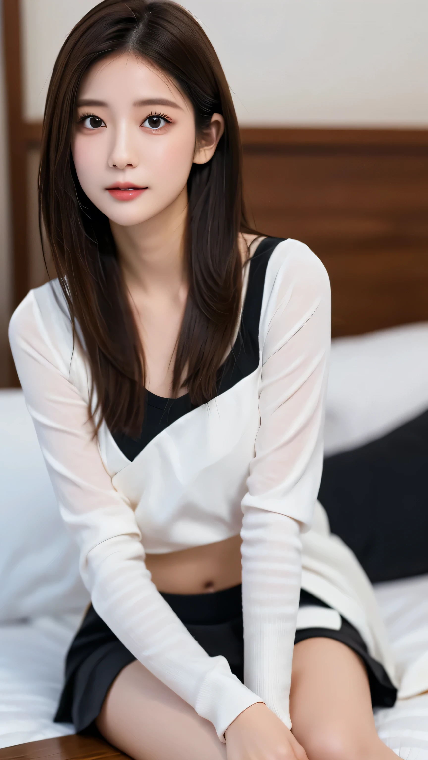 best quality,8K, very detailed, in fine detail, high resolution, 8K wallpaper, perfect dynamic composition, Meticulous Eye, beautiful eyes on my stomach、looking at camera、best quality、model、Slender Body、pictures、brown hair semi-long、Beautiful Faces、Actual item、Mako Tamura、miniskirt、black shirt、