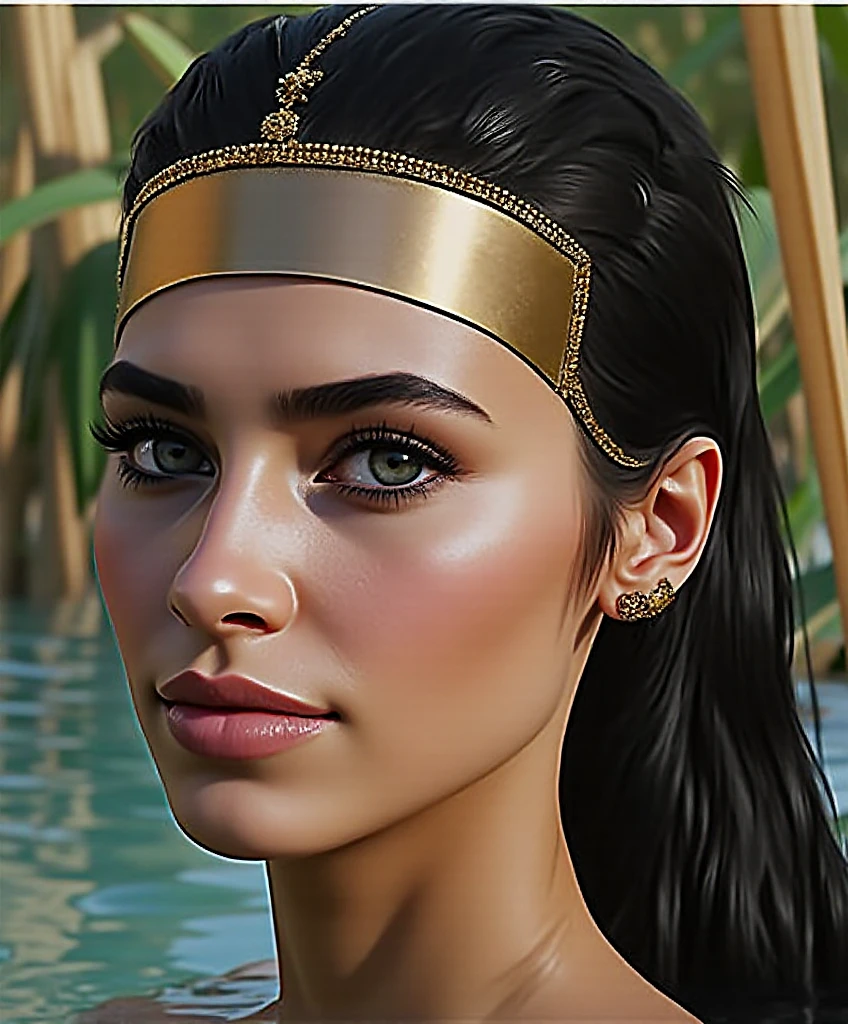  1girl, Egyptian princess, (masterpiece:1.3), (8k, photorealistic, RAW photo, best quality: 1.4), (1girl), beautiful face, (realistic face), (black hair, short hair:1.3), beautiful hairstyle, realistic eyes, beautiful detailed eyes, , cute, young, slim, gold jewelry, nude,  shiny skin, princess's chambers, canopy, sky, pool, back view, looking back, closeup, from below, low angle, spread ass, naughty_face, blush, parted lips, half-closed_eyes,   ExpressiveH 