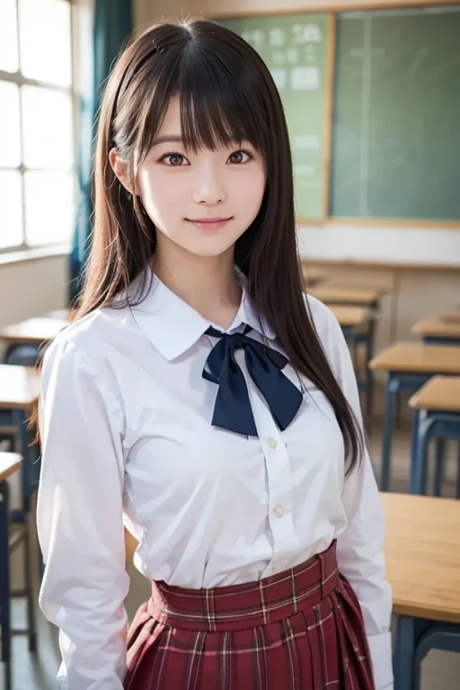 (masutepiece, Best Quality:1.2), 8K, 18year old, 85 mm, Official art, Raw photo, absurderes, White dress shirts, Pretty Face, close up, Upper body, violaceaess, gardeniass, Beautiful Girl, School uniform, (Navy pleated skirt:1.1), Cinch West, thighs thighs thighs thighs, Short sleeve, Braided crown hair、atlibrary, Looking at Viewer, No makeup, (Smile), Film grain, chromatic abberation, Sharp Focus, face lights, clear lighting, , Detailed face, Bokeh background, (dark red necktie:1.1)、medium breasts