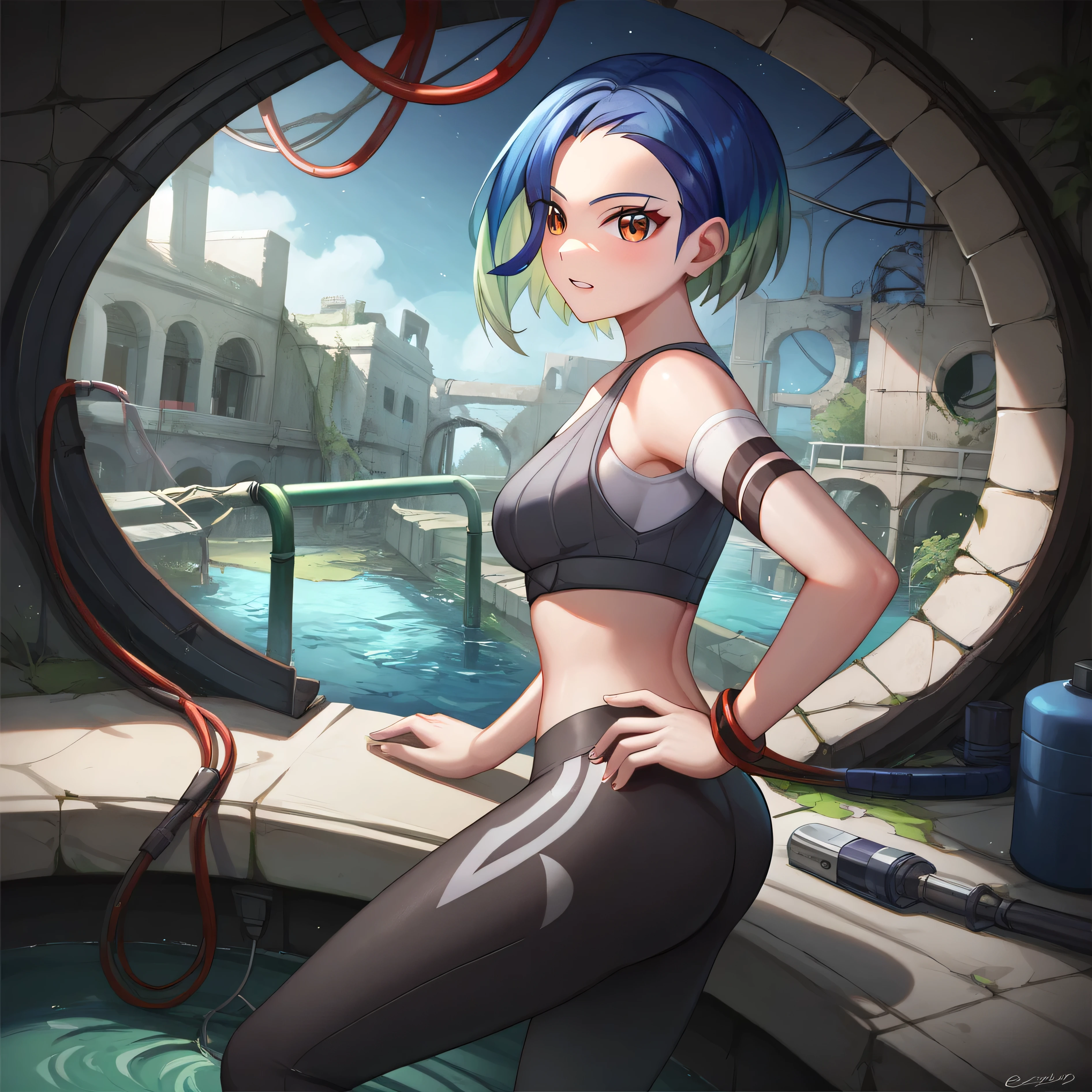 detailed, intricate details, FaceDetail, stunning, masterpiece, score_9, score_8_up, score_7_up, 1girl, ruanyi0826, ruins, water, cable, indoors, underground, drainpipe, unlit, night, night time, perrin, brown eyes, crop top, yoga pants, bare shoulders, multicolored hair, blue hair, green hair, scared, looking at viewer,