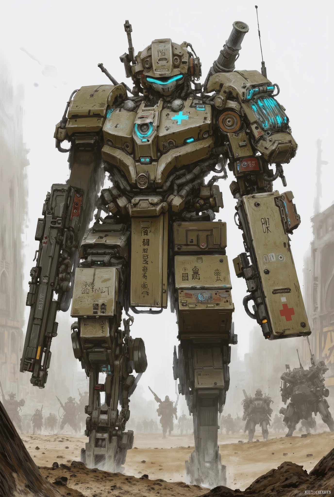 A colossal humanoid mech inspired by BT-7274 from Titanfall 2, text:"Medic", "21st-Medic Comp". The frame is heavily armored with industrial, weathered plating — a mix of olive drab, brass, and burnished silver tones. Its chest features a glowing blue sensor eye integrated into a knightly helm with aquila engravings and purity seals fluttering from the pauldrons. Baroque iconography and filigree detail the armor, while massive missile pods and a rotating autocannon are mounted on its shoulders. In 1 hand, it wields a hybrid weapon — part smart rifle, in other hand rectangular shield painted red cross label. Hydraulic limbs, servo pistons, and sacred script etched into the armor emphasize its sanctified martial presence. Gothic cathedral-like plating on its back, with exhaust vents glowing faintly blue, channel the Titan’s sacred reactor core. It strides across a war-torn battlefield, a machine of both divine wrath and tactical precision.

