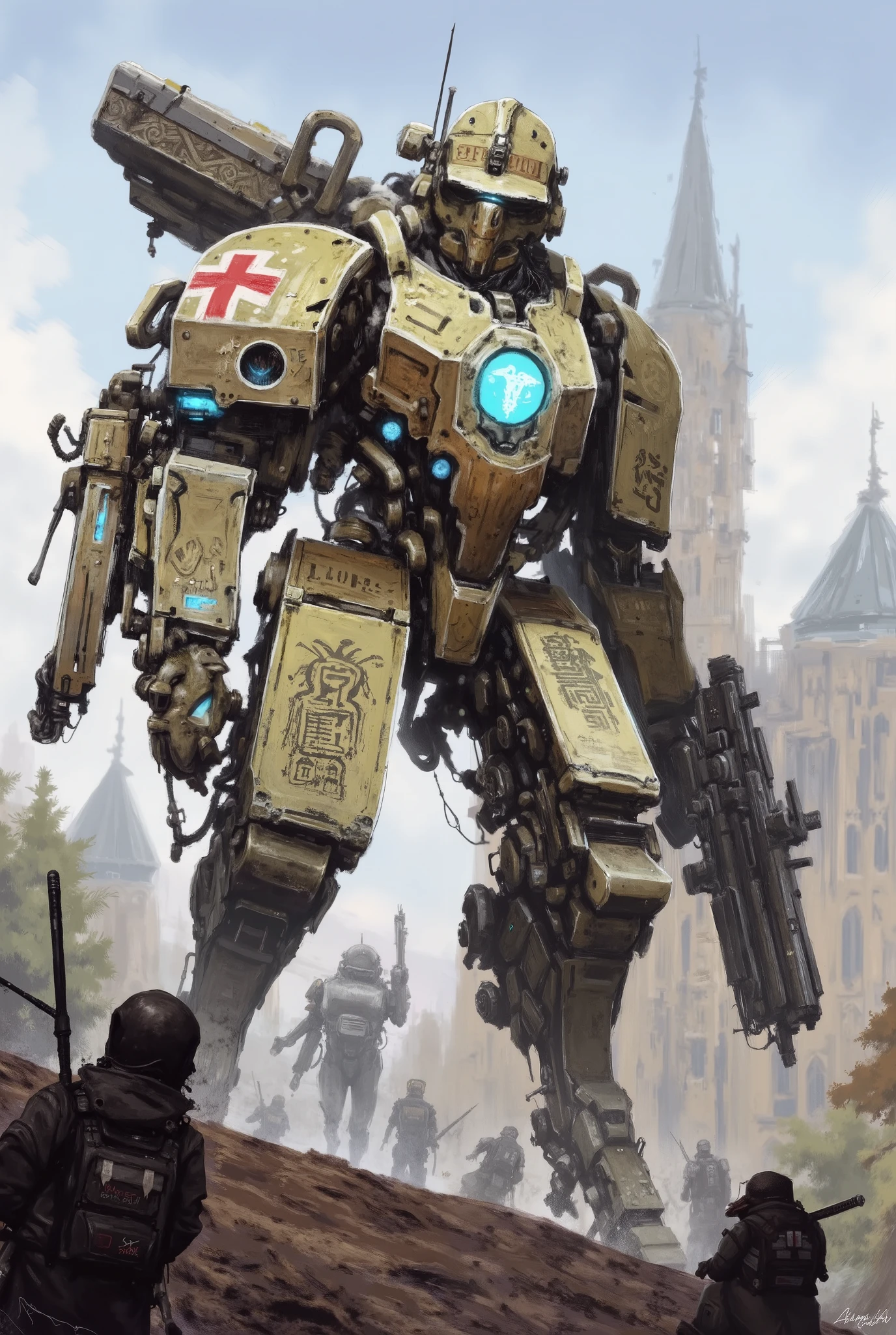 A colossal humanoid mech inspired by BT-7274 from Titanfall 2, text:"Medic", "21st-Medic Comp". The frame is heavily armored with industrial, weathered plating — a mix of olive drab, brass, and burnished silver tones. Its chest features a glowing blue sensor eye integrated into a knightly helm with aquila engravings and purity seals fluttering from the pauldrons. Baroque iconography and filigree detail the armor, while massive missile pods and a rotating autocannon are mounted on its shoulders. In 1 hand, it wields a hybrid weapon — part smart rifle, in other hand rectangular shield painted red cross label. Hydraulic limbs, servo pistons, and sacred script etched into the armor emphasize its sanctified martial presence. Gothic cathedral-like plating on its back, with exhaust vents glowing faintly blue, channel the Titan’s sacred reactor core. It strides across a war-torn battlefield, a machine of both divine wrath and tactical precision.