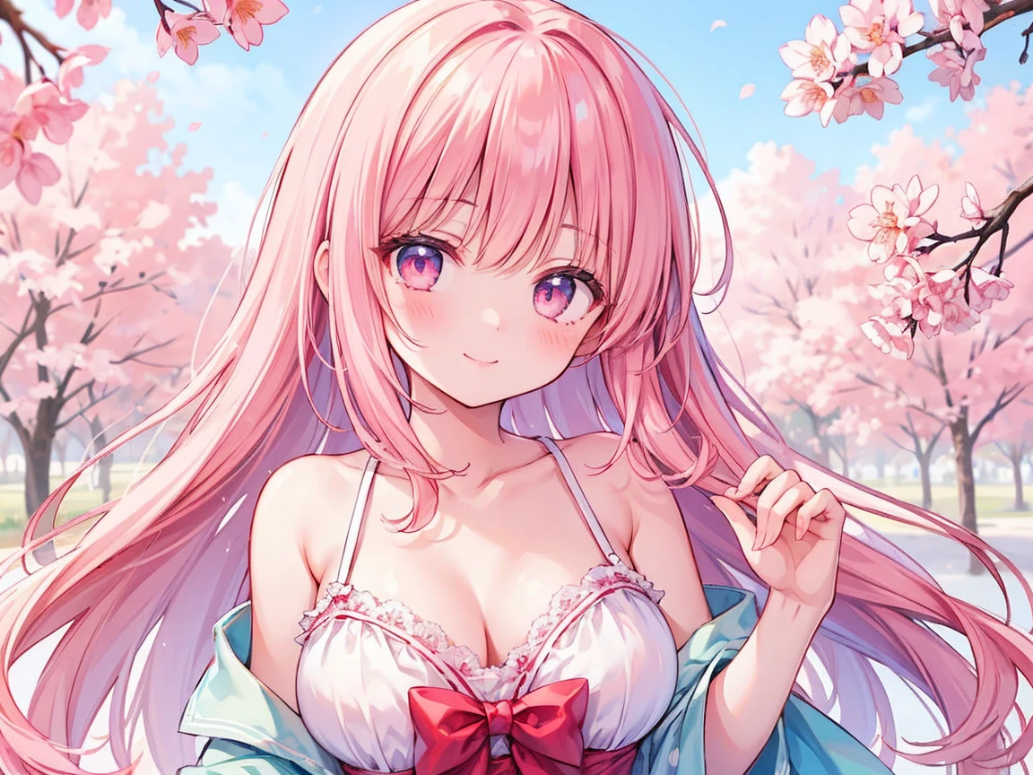 Pink brown hair,Long Hair,Pink Eyes,Drooping eyes,Large Breasts, smile, daughter,pink prom dresses,Anime Style,Moe character,cute,1,Clear,cherry blossoms