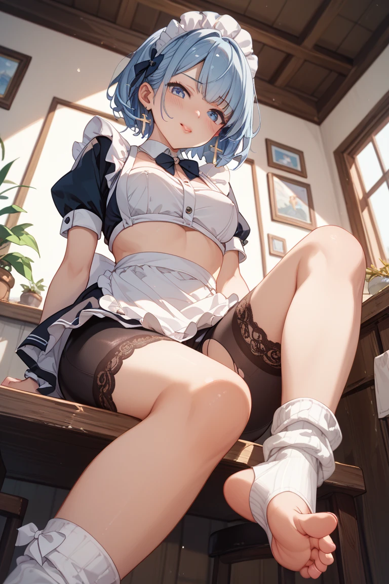 Make a girl with short white hair in a maid outfit lifting her dress high showing her white panties