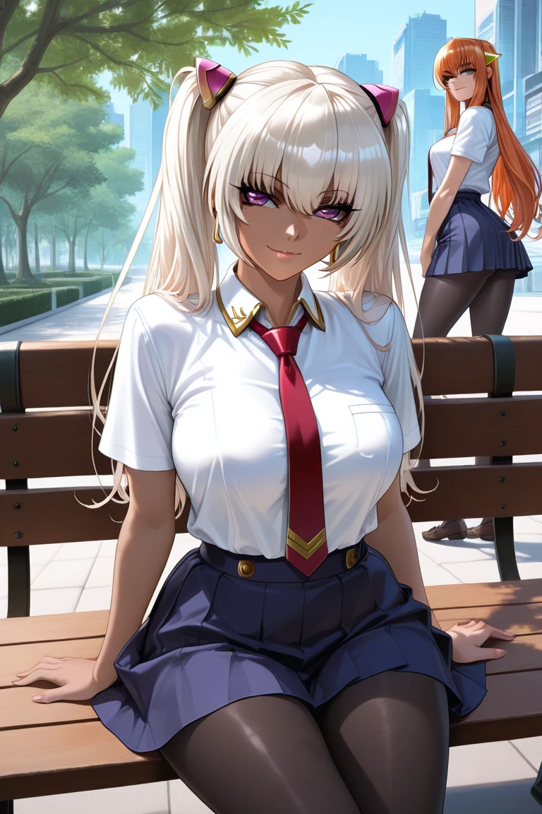 (masterpiece:1.2),(Highest quality),(Very detailed),(High resolution),8k,wallpaper, semi-realistic, anime realistic, long hair, make up, (Perfect Eyes), Earrings , Long eyelashes , compensate , Maya Cordelia, long hair, orange hair, violet eyes, outdoors, day, park, bench, sitting, cowboy shot, cyberpunk city, school uniform, white shirt, nectie, blue skirt, black pantyhose, loafers, seductive smile, BREAK, 2 girls, Kila Kushan, dark-skinned female, long hair, white hair, twintails,