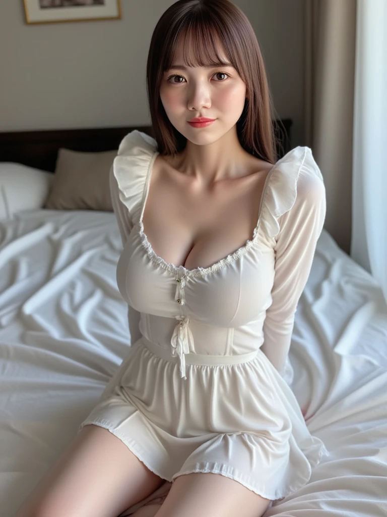 ulzzang-6500-v1.1,(Raw photo:1.2), (Photoreal), (genuine:1.4), ((muste piece)),(very realistic, High resolution, detailed face, fine eyes), Realistic college girl in kashkul knit dress、popular hairstyles、Wearing ultra-realistic pantyhose、lying on the bed、