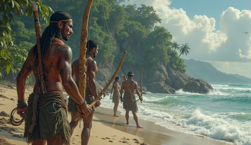 Holocene period, neandertais sem barba, Amerindians, Aboriginal people wearing only colorful bird feathers naked on a remote rocky beach in a sunny morning with lots of oysters, fish bones and on the ground , searching for shells on the sand, dead fish on the sand, piles of shells nearby