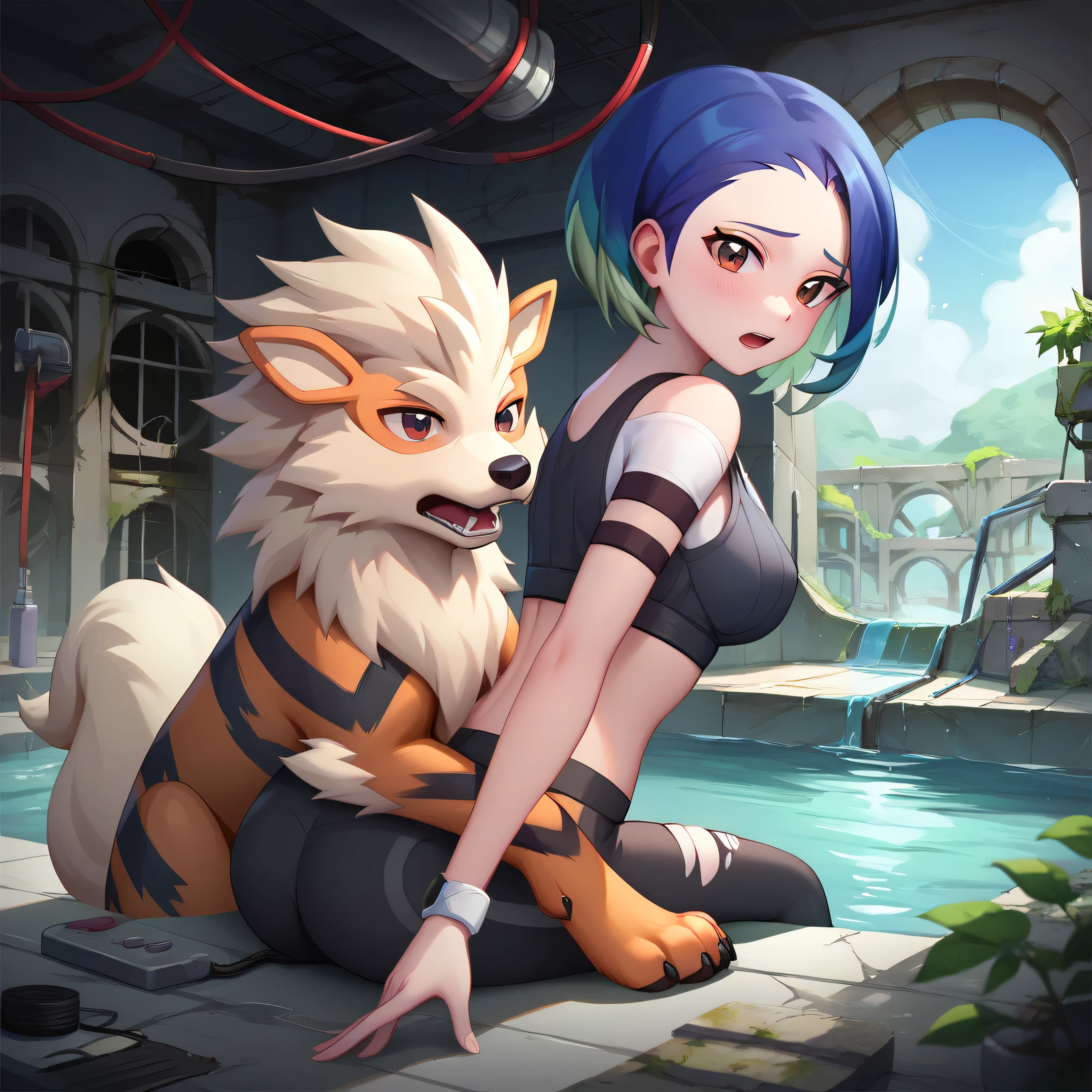 detailed, intricate details, FaceDetail, stunning, masterpiece, score_9, score_8_up, score_7_up, 1girl, 1pokemon, couple, ruanyi0826, ruins, water, cable, indoors, underground, drainpipe, unlit, night, night time, perrin, brown eyes, crop top, torn crop top, yoga pants, torn clothes, bare shoulders, multicolored hair, blue hair, green hair, scared, looking at viewer, BREAK, arcanine, feral, quadruped, arcanine behind perrin,