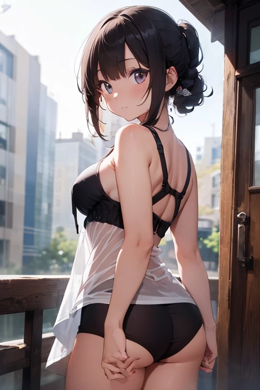 ph blue, scenery, No humans, landscape, (masterpiece,highest quality:1.4), Blue Theme, city, evening, One girl, rain,Cowboy Shot, close,View from above、Black Hair, pubic hair, break (Grey Shirt:1.5), (Black see-through underwear:1.3), Plain underwear, Huge breasts, naked, Exposed Skin、Anime Style、sketch、Eye contour、Beautiful back、pastel colour