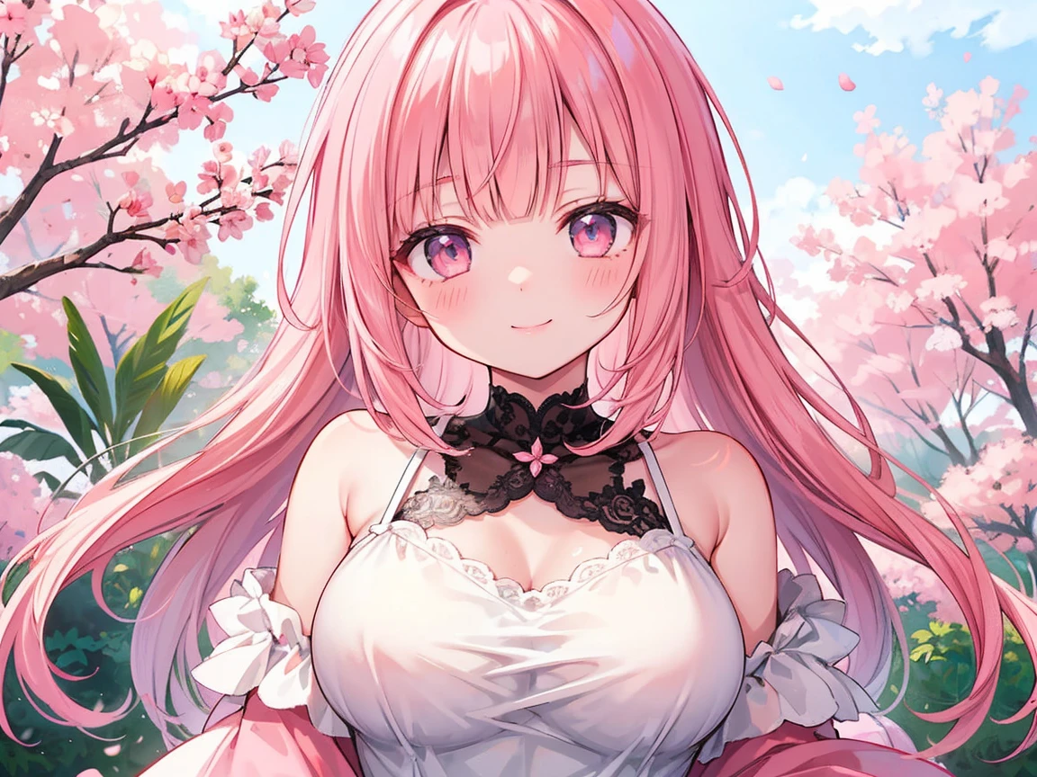 a cute pink-haired girl, beautiful detailed eyes, beautiful detailed lips, extremely detailed face and features, long eyelashes, anime style, highly detailed, intricate details, hyperrealistic, 8k, ultra-detailed, masterpiece, soft pastel colors, natural lighting, kawaii, adorable expression, holding a pokeball, pokémon trainer, scenic background, lush garden, cherry blossoms, fantasy forest