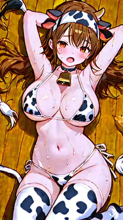 best quality, official art, masterpiece, textile shading, HDR, very detailed, colorful, best details, (Adult,19 years old, One Girl, alone, one peace nami:1.3, hentai:1.5, bitch, long hair, brown hair, cow print micro bikini:1.5, medium breast, puffy nipples:1.3, skinny:1.5, cameltoe:1.5, public indecency:1.5, beach:1.5, contemptuous,
