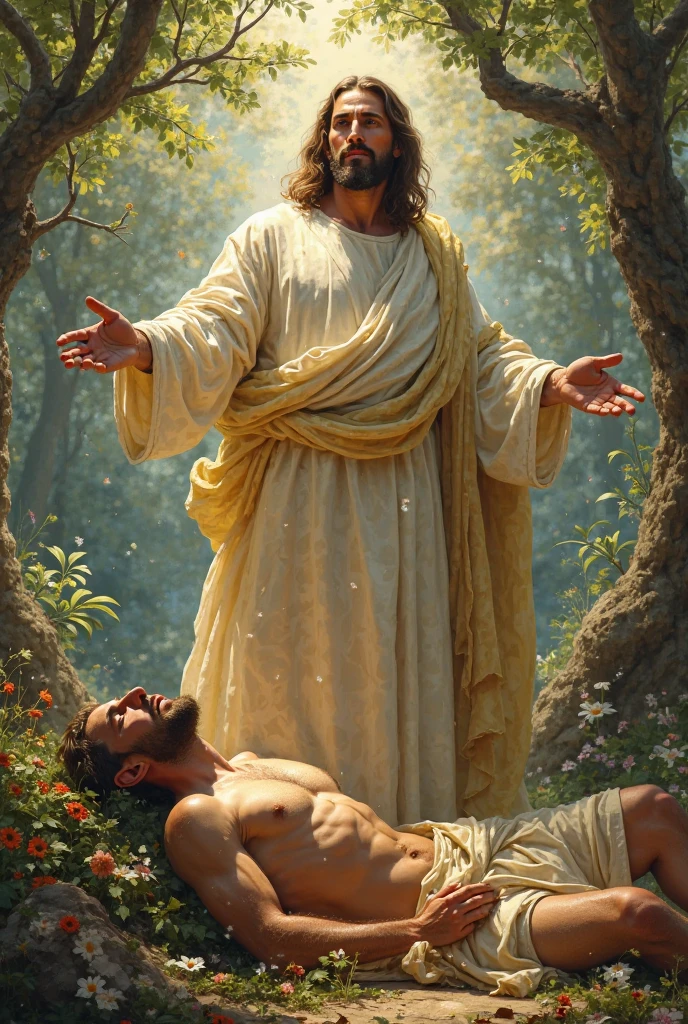 Jesus carrying a woman in a garden with a cloudy sky.., por Alexander Kucharsky, Greg Olsen, por Harrington Mann, Jesus embracing a woman, by Jason Felix, Hermosa imagen nunca creada, Beautiful Rendering, epic biblical depiction, por John La Gatta, por Artur Tarnowski, photo manipulation, por Harry Haenigsen, por Viktor de Jeney