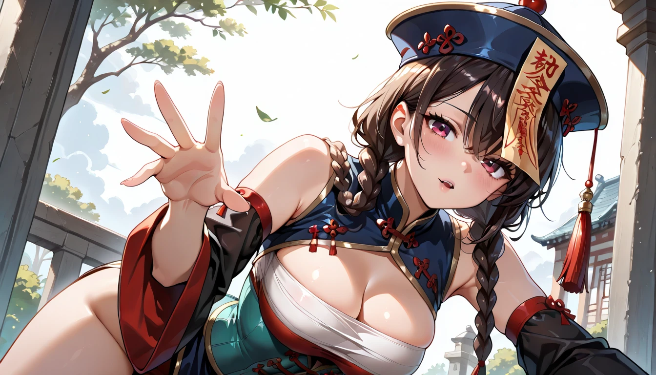 NSFW, tmasterpiece, best qualityer, ultra - detailed, Half realistic, detailedfacialfeatures, 1 Mature Mature Woman Person, names: Zhou Miaotong,Wearing ancient martial arts costumes, brunette color hair,The long,黑The eye, Female,The color of dark clothes and gold lines,voluptuous,Large of breast,Seductive Woman, very pretty,Arrogantly holding a sharp sword, In front of the Tiangong.Bonito,the lower body is naked